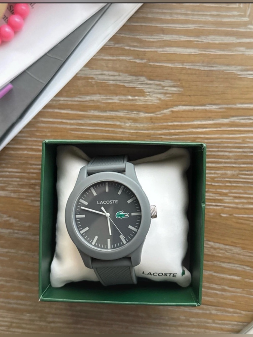Lacoste Men’s Gray Silicone Watch with Green Logo Accent